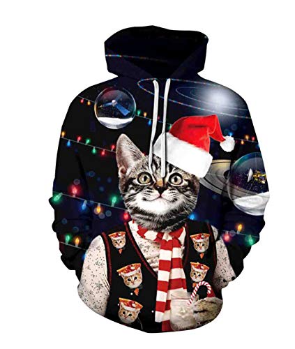 Preisvergleich Produktbild Leezeshaw Unisex hässliche Weihnachtskatzen-Maus-Kapuzen-Sweatsh... Herren 3D Xmas Alpaka Rentier Pullover Hoodie Pullover mit Kängurutasche S-5XL Gr. Large, Pizza Cat