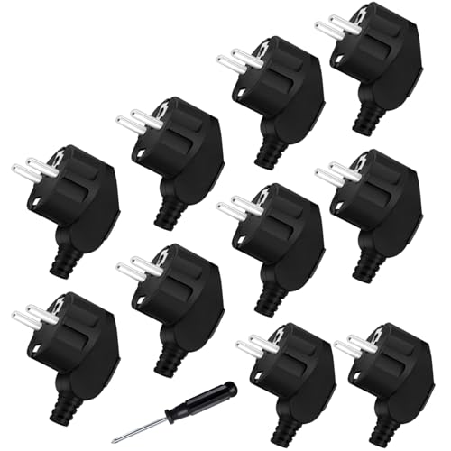 Schuko Lot de 10 prises de contact de protection 250 V 16 A, fiche Schuko angulaire, 2 broches fiche électrique, européenne fiche de sécurité avec protection anti-pli, pour câble 8 à 10 mm, IP20 pour