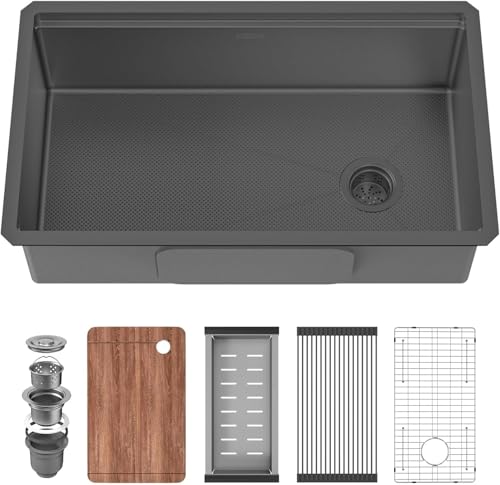 Image of 32-Inch Undermount Kitchen Sink, 304 Stainless Steel with Nano Coating, Single Bowl for Workstation, RV, Prep Kitchen, Includes Cutting Board & Roll-Up Dish Rack, and More Accessories (Black)