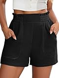 NILOINE Women's Casual High Waisted Shorts Smocked Elastic Waist Beach Shorts Flowy Loose Short Pant 2025 Summer Vacation Outfits(1-Black,Medium)