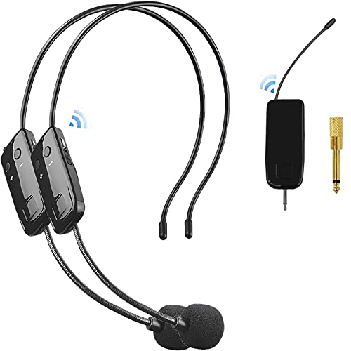 HUACAM Microfono Inalambrico Diadema 2 Personas, 2.4G Wireless Micrófono, Transmisión Inalámbrica de 50 m, Micrófono Inalámbrico para Amplificador de Voz, Altavoces, Sistema PA, Profesor
