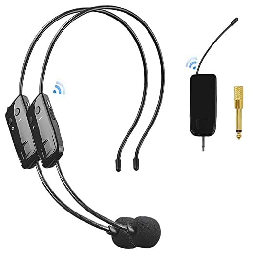 HUACAM Microfono Inalambrico Diadema 2 Personas, 2.4G Wireless Micrófono, Transmisión Inalámbrica de 50 m, Micrófono Inalámbrico para Amplificador de Voz, Altavoces, Sistema PA, Profesor