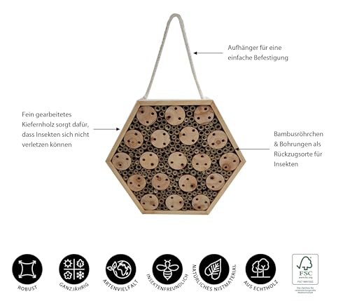 Dehner Natura Premium Insektenhotel Rosario, Insektenhaus/Nistkasten für Bienen/Schmetterlinge/Käfer, ca. 30 x 26 x 8 cm, aus FSC-zertifizierten Kiefernholz, Natur