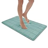 MICRODRY - Luxurious Square-Embroidered Memory Foam Bathroom Rug, Bath Rug with Skid-Resistant Base, Absorbent Kitchen, Room & Bathroom Rugs, 20 x 32 inches, Aqua