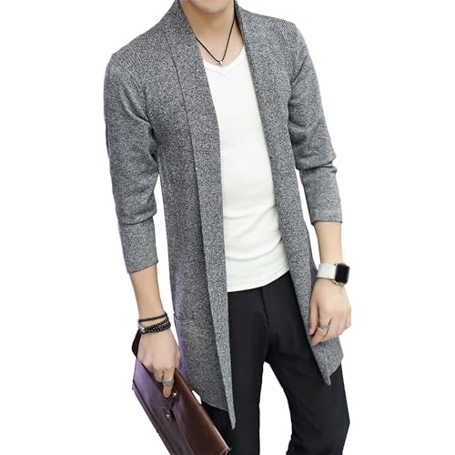 Men's Shawl Collar Open Front Long Cardigan Long Sleeve Knit Sweater with Pockets Solid Color Casual Knitwear