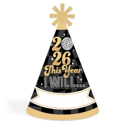 Big Dot of Happiness Disco New Year - Cone Party Hats - Groovy 2026 NYE Resolution Cone Party Hat for Kids and Adults - Set of 8 (Standard Size)