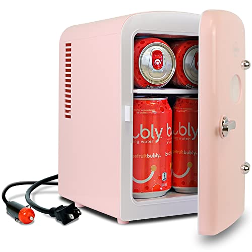 Koolatron Rétro Mini Frigo Portable 4 L /6 can Boissons & Soin de la peau petit frigo pour Chambre Voiture, Bureau Refroidisseur et Réchauffeur (Rose)