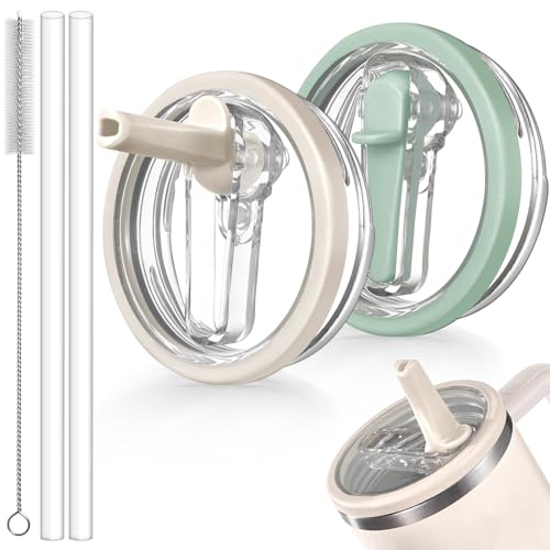 ANTAND 40oz Flip Straw Leak Proof Lid for Stanley H2.0 Quencher Protour Tumbler, 2 Pack Spill Proof Lid Replacement Straw Cover Top for 40 OZ Stanley Cup Accessories (Beige, Matcha)