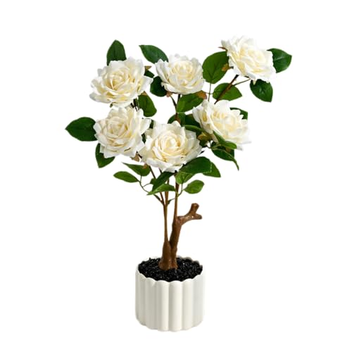 Anynoch Roses Artificielles Fleurs 41 cm 6 Fleurs Fausses Rose,Blanc | Pot,Pour la décoration de la maison, du bureau ou d'un mariage,Pétales en soie,Composition: soie,plastique,fil de fer