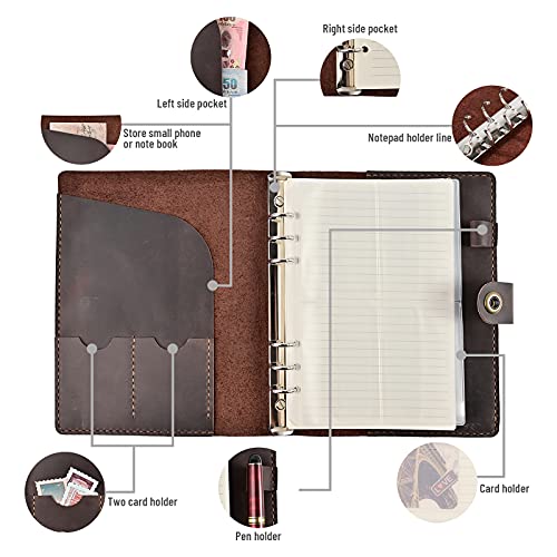 Wowlomo Leather Notebook Refillable - 9" X 7.5" Inch A5 Leather Writing Journal With Lined,Handmade Vintage 6 Ring Binder Travel Journal Diary Organizer With Pocket And For Men|Women|Work|Gift-Coffee #TOP3