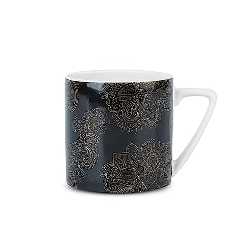 Image of Dandy Lines Puja Gold Alpana on Black, Ceramic Coffee Mug Set, Pack of 6, Microwave & Dishwasher Safe, Great for Home Use & Gifting