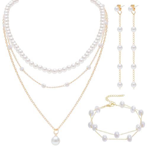 YKYUASD Gold Jewelry Set for Women Dainty Layered Pearl Gold Choker Necklace Pearl Drop Earrings Bracelets Wedding Jewelry Set for Mom Brides Gifts