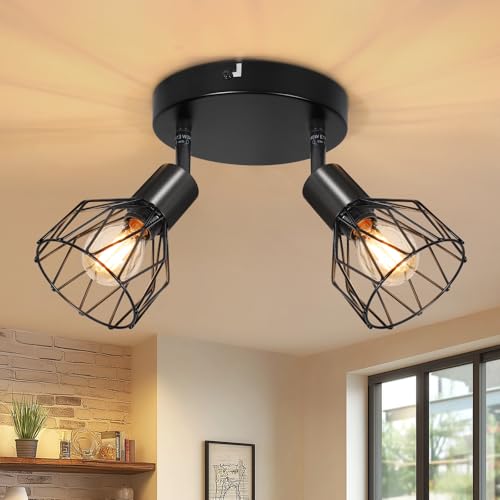Kimjo Luminaire Plafonnier Salon - Plafonnier Cuisine 2 Spot Orientable Rond - E14 Spots de Plafond Industriel Noir Lustre Cuisine - Rampe Spot Applique Plafond...