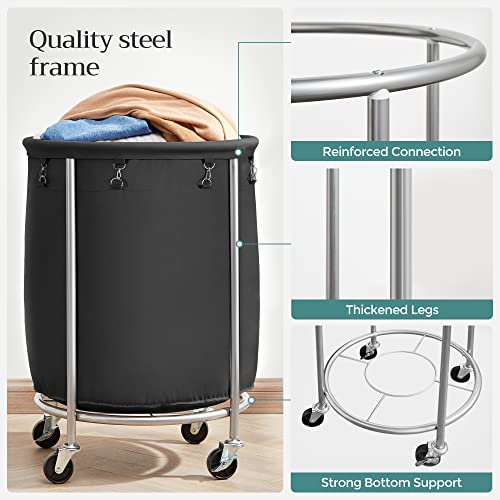 Songmics Laundry Basket With Wheels, Rolling Laundry Hamper, Round Laundry Cart With Steel Frame And Removable Bag, 4 Casters And 2 Brakes, Black And Silver Urls001B01 #TOP7