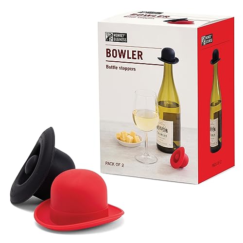 Image of Monkey Business Silicone Wine Stopper | Seals Bottle and Keeps Wine Fresh /Cute Wine Accessories /Kitchen Gadgets /Bowler Hat Bottle Stopper (Set of 2)
