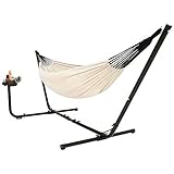 VITA5 Double Cotton Hammock with steel Stand, with Cupholder, Up to 2 People / 450 Pound Capacity, 210 x 140, with Carrying Bag (Beige)