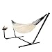 Produktbild VITA5 Doppel Hängematte Baumwolle mit Gestell Outdoor, mit Becher- und Bücher Halter, Bis zu 2 Personen / 205kg, 210 * 140, Tragetasche (Beige)