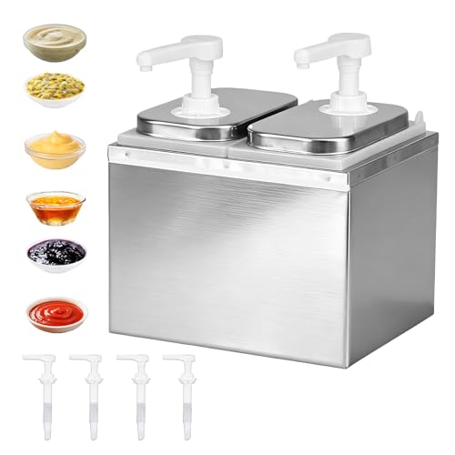 4L Ketchup Spender, Saucenspender mit 4 Pumpen, Edelstahl-Gewürzpumpstation Gewürz-Saucen-Pumpenspender, Salat-Marmeladen-Gewürz-Gewürz-Quetschpumpenbehälter für Küche und Restaurant