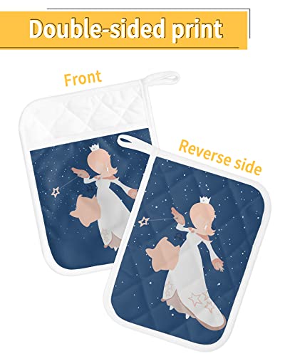 Starry Night Angle Fairy Pot Holders With Pocket For Kitchen, Heat-Resistant Potholders Set Of 2, Hot Pads Oven Mitts With Hanging Loops For Home Cooking Baking Microwave, Star Elves #TOP1