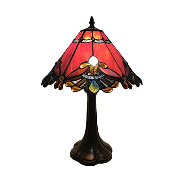 Bieye L10021 Baroque Tiffany Style Stained Glass Table Lamp Night Light with 13 Inches Wide Handmade Lampshade Metal Base for Bedside Bedroom Living Room Decoration, 13" W x 19" H, Red