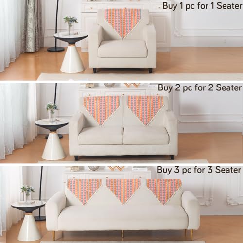 Image of HOKIPO Sofa Backrest Cover with Tassel | 300 GSM Thick Cotton Acrylic Jacquard Fabric Backrest Mat, Size 55x70 cm,'Trivana Series' Coral Orange (IN-932-J2)