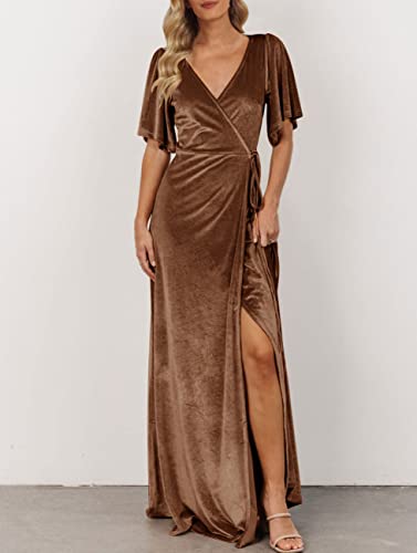 Merokeety Women's Velvet Maxi Dress 2023 Boho Wrap Cocktail Party Wedding Guest Formal Dresses, Brown, Xx-Large #TOP1