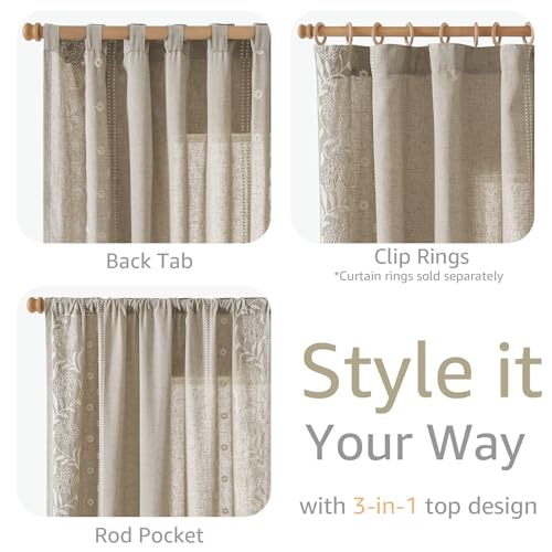 Image of jinchan Taupe Floral Linen Curtains for Living Room 63 inch Back Tab 2 Panels