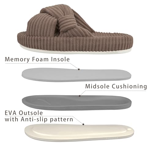 Women's House Slippers Corduroy Indoor Slippers Memory Foam Bedroom Open Toe Slippers Cross Band House Shoes4