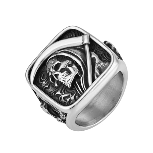 Raymard Skull Rings for Men - Punk Skeleton Biker Rings for Men - Premium Stainless Steel - Death Signet - Size 8