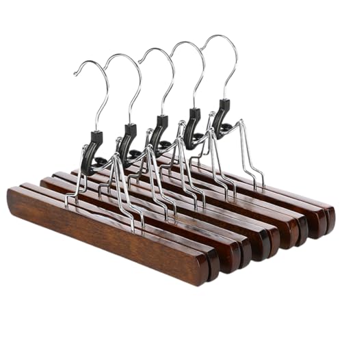 karonpeln 天然木製ズボンハンガー スカートハンガー 5本セット ブラウン スカート吊りハンガー 跡がつかない 360度回転式防錆加工フック 型崩れ防止 省スペース パンツ ボトムス スラックス 幅25cm 胡桃色