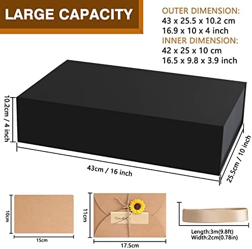 Srvnpioy Extra Large Black Gift Box with Gift Card and Ribbon, 43 x 25.5 x 10 cm, Empty Super Large Magnetic Present Box, Folding Extra Big Gift Box for Birthday, Christmas, Gift Wrapping (1 Pack)