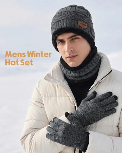 Image of Loritta Winter Hats for Men, 3 PCS Fleece Beanie Scarf Gloves Set