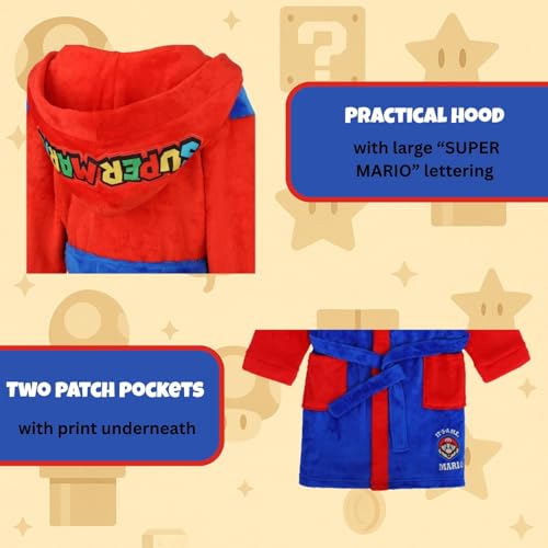 Super Mario Kinder Bademantel Morgenmantel, flauschig, Coral Fleece mit Kapuze, Logo, Junge, Mädchen (DE/NL/SE/PL, Numerisch, 116, Regular, Blau-Rot)