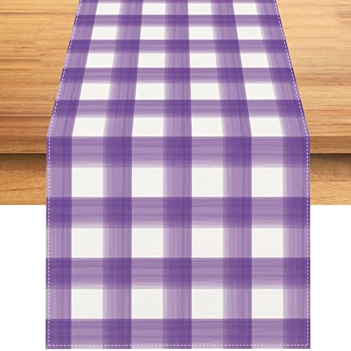 Rvsticty Linen Watercolor Purple White Buffalo Check Plaid Table Runner Gingham Tablecloth Farmhouse Spring Summer Easter Home Kitchen Table Decoration-13×72''(Purple and White)