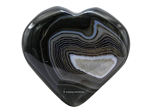 Amazing Gemstone Black Onyx Agate Crystal Heart Palm Stone - Pocket Massage Worry Stone for Natural Body Chakra Balancing, Reiki Healing and Crystal Grid