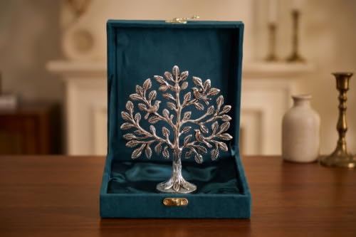 Image of Metal Kalpavriksha Tree for Home Decor - Golden Wish Fulfilling Tree Metal Showpiece for Temple, Vastu, Office Table & Gifting Banyan (No 0 Silver with Box)