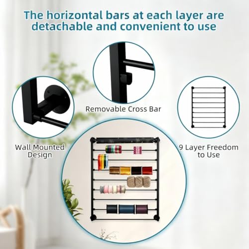 Image of 9 Tier Ribbon Storage Organizer, Wall Mounted Ribbon Holder, Wrapping Paper Rack for Craft Room, Cake Shop, Flower Store, Scarf Belt Organizer - Black, Metal, 27.55 x 35.43 x 3.93 Inches