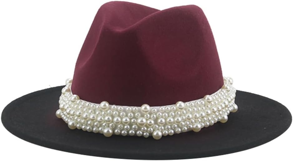 Women Fedoras Hats Classic Gradient Color Pearl Band Red Dress Felted Hat