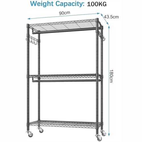 MONKLE - Kleiderständer,Kleiderstange,Kleiderständer auf Rollen,kleiderstange rollen,kleiderständer stabil,kleiderständer mit rollen 90X43.5X180cm,Tragkraft 100kg