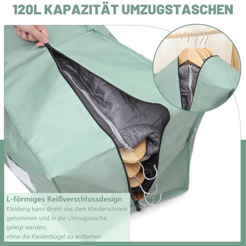 Dntorx 4 Stück 120L Aufbewahrungstasche, Heavy-Duty Umzugstaschen Wasserdicht Umzugskartons Große mit Reißverschluss Griff Faltbar Aufbewahrungsbox für Umzug Camping Kleidung Aufbewahrung (Hellgrün)