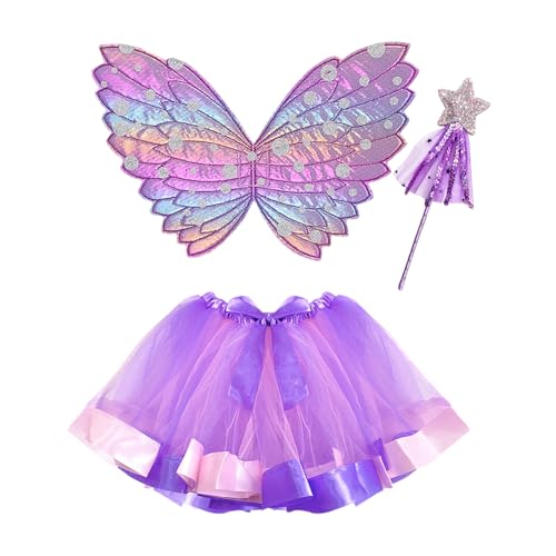 GWAWG 3Pcs Deguisement Papillon pour Fille Fée Enfant Fille Ailes Ensemble Baguette Magique de Fée pour pour Filles Papillon Kit de Costume de Déguisement (Pourpre)