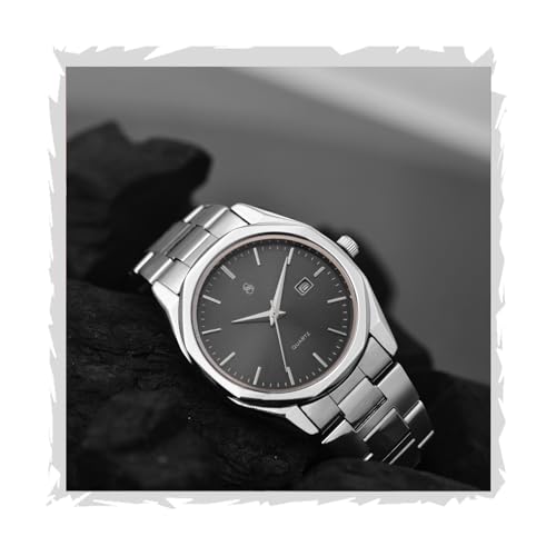 Shocknshop Silver Stainless Steel Analog Round Dial Date Display Wrist Watch for Men -W153 (Black Silver)