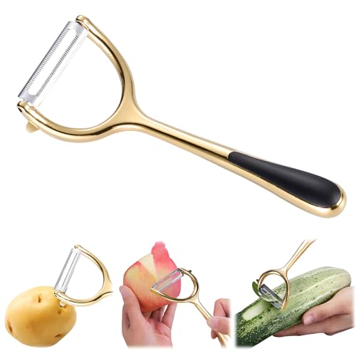 GJV Pelaverdure con lama affilata in lega di zinco, manico ergonomico antiscivolo. Pelapatate a forma di Y per patate, carote, cetrioli, aglio, arancia, limone, mela (seghettato, oro)