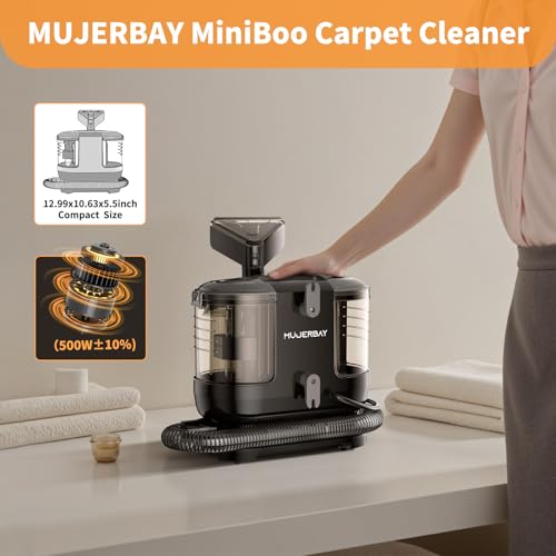 MUJERBAY Carpet Cleaner, Compact & Powerful Upholstery Cleaner Machine,Portable Spot with 360°Wheels Shampooer, 1.3-inch Deep Stain Small Rug Cleaner for Car, Stairs, Couches
