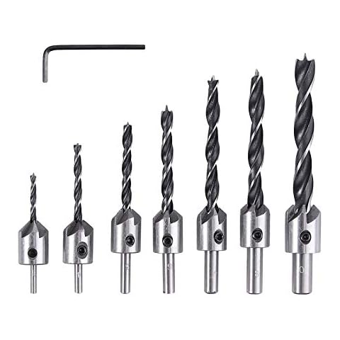 COLFULINE 7X HSS 5 Flute Countersink Drill Bit Set Reamer Woodworking Chamfer & Wrench Cover