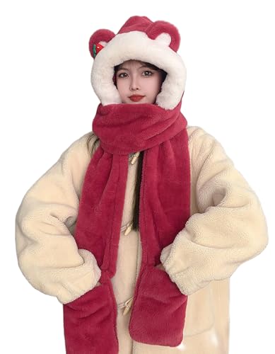 YYZGGLING Ensemble Trois-En-Un Comprenant Une écharpe, Un Bonnet Et Des Trio Thermique D'hiver Pour Femmes Bonnet, écharpe Et Intégrés (Rouge) – vue 4