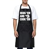 Funny Apron for Men Dad Papa, Hook 'em and Cook 'em Fishing Apron, Adjustable Waterproof Black Apron