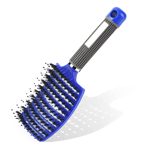 URAQT Cepillo de Pelo, Cepillo para el Pelo con Cerdas de Jabalí Naturales, Peine de Pelo Masaje Curvo y Ventilado, para Secado Más Rápido, Reducir el Encrespamiento y la Rotura (Azul)