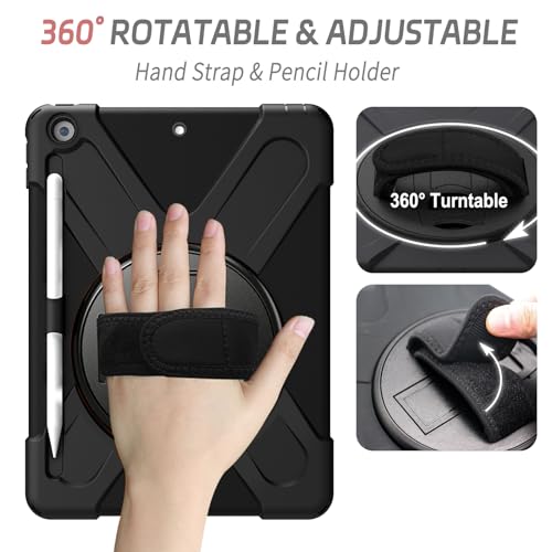 ZenRich iPad 9th/8th/7th Generation Case with Pencil Holder Kickstand Hand and Shoulder Strap Rugged Shockproof Case for iPad 10.2 inch 2021/2020/2019,Black