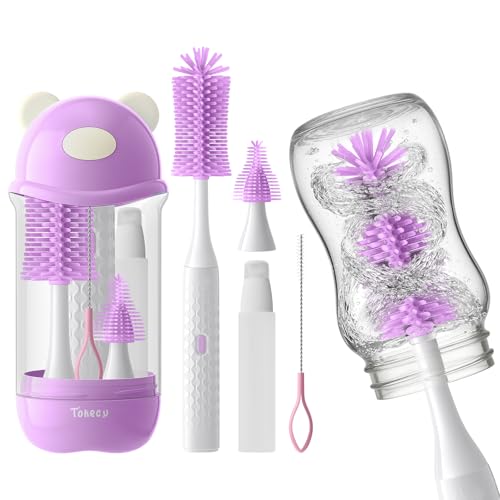 Image of Electric Bottle Brush Cleaner Set, Bear-Shaped Travel Baby Bottle Cleaner Kit with Silicone Nipple & Straw Brush, Soap Dispenser, Drainage Rack, Storage Box(Purple)